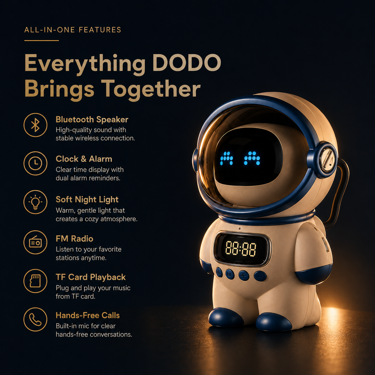 Astronaut DODO — Wireless Speaker, Night Light & Clock Companion