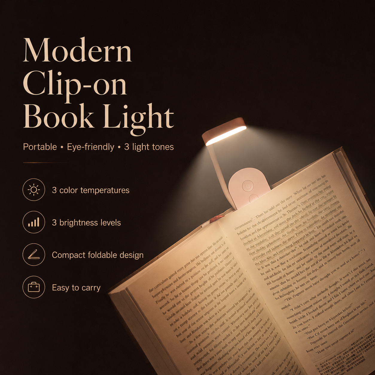 Pocket-Size Rechargeable Clip-On Book Light – 3 Light Tones & 3 Brightness Levels