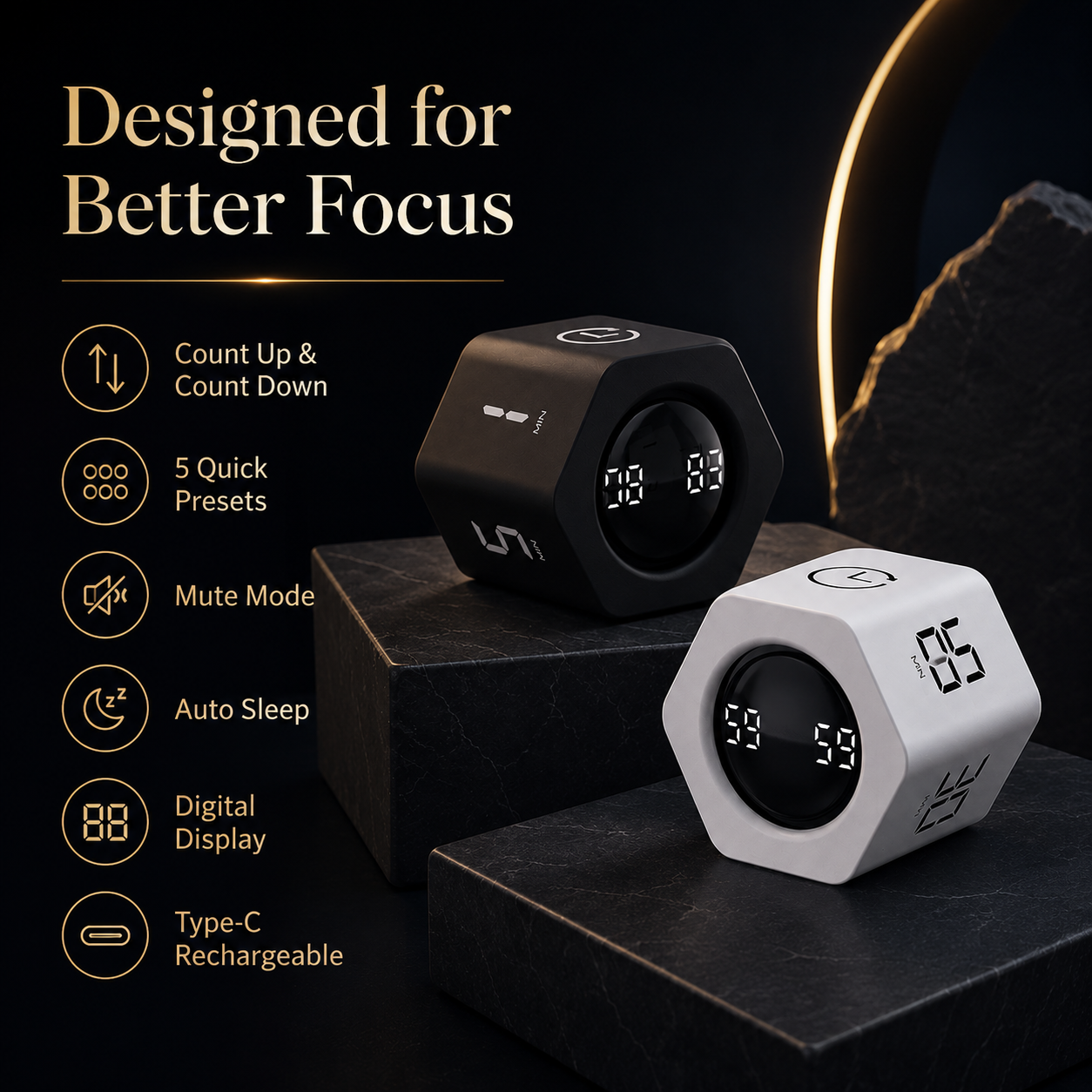 F6 Hexagon Flip Timer – Rechargeable Gravity Countdown Desk Timer